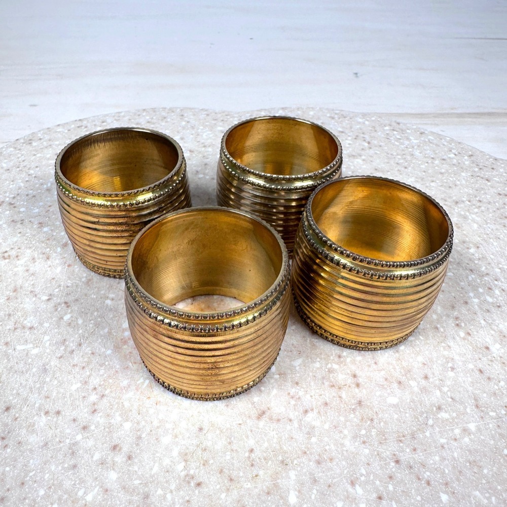 Vintage Solid Brass Napkin Rings Set of 4 Ribbed Beaded‎ Border Gold Tone 1.75